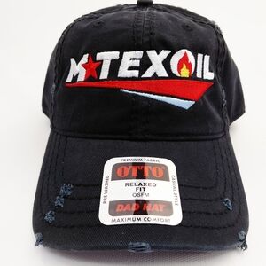 M Tex Oil Landman Fort Worth TX Black Strapback Hat Distressed Cotton